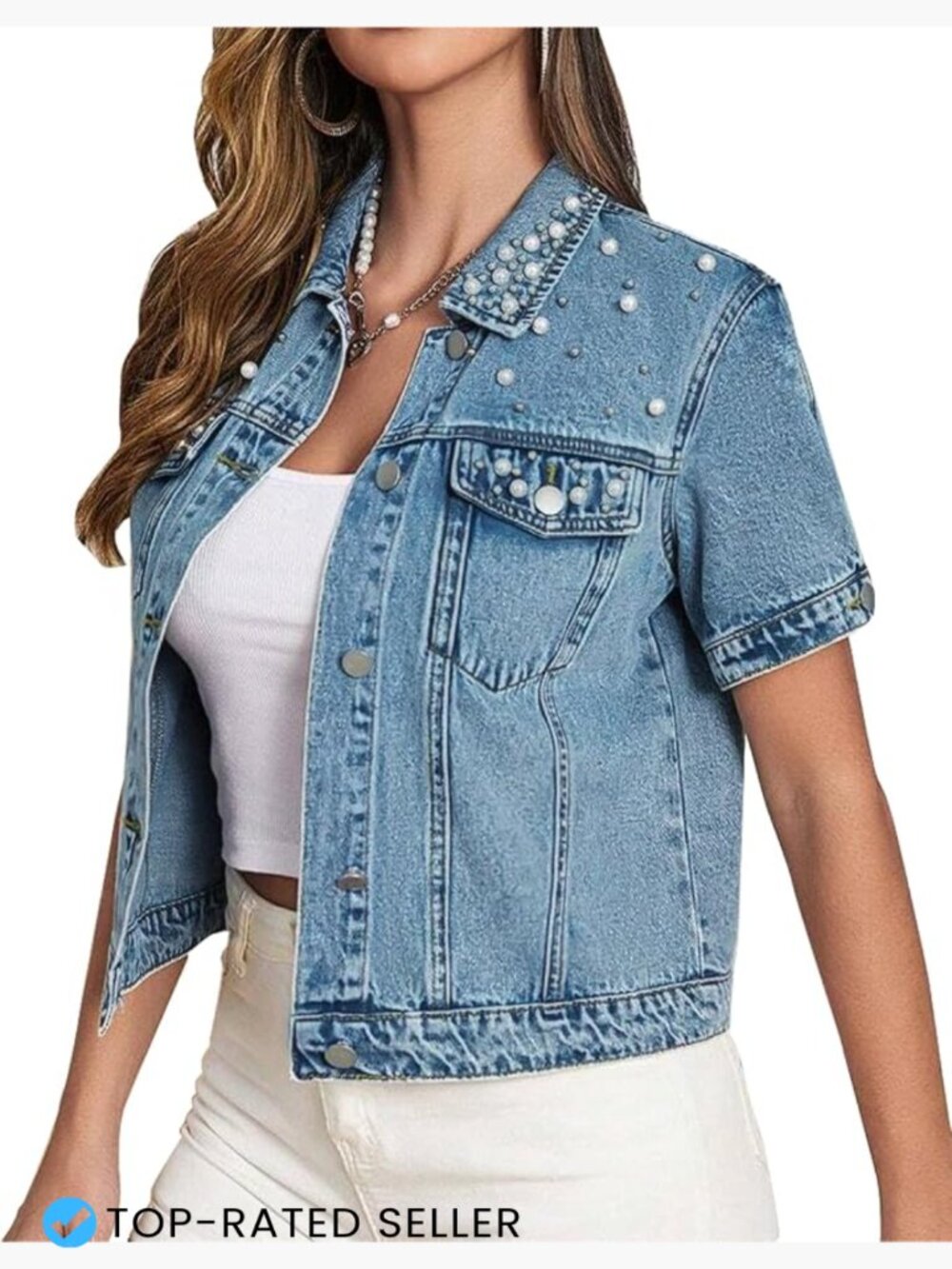 Cropped Denim Jacket with Pearls Short Sleeve Distressed Jean Coat Y2K Chic